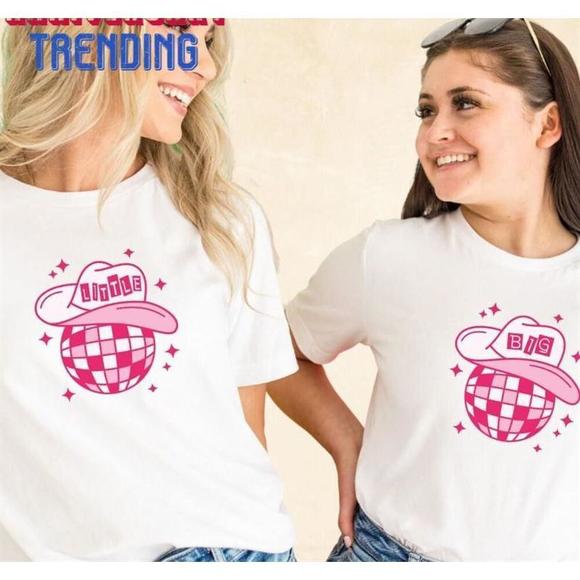 Big Little Pink Groovy Cowgirl Disco Ball Sorority Family Shirt Unisex - Picture 1 of 4